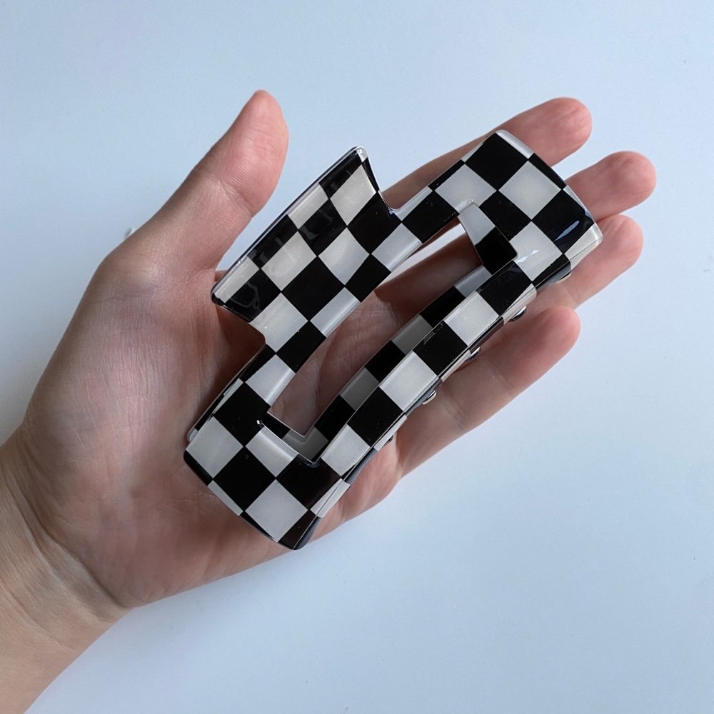 Squared off White & black checkered hair claw